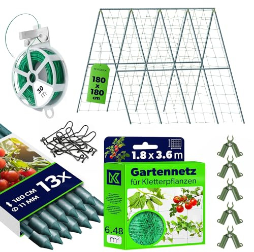 KADAX Gurken Rankhilfe Set – 13 x Pflanzstab 180 cm, Ranknetz 1,8 x 3,6 m, 5 x Pflanzstab-Verbinder, 30 m Gartendraht – Gurkenrankhilfe, Rankgitter, Gurkenrankgitter
