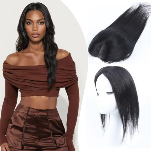 Haarteile Für Frauen Echtes Menschenhaar 30cm 360° Abdeckung Remy Menschenhaar Topper Für Frauen Mit Dünner Werdendem Haar Realistische Kopfhaut Zum Einclipsen Glattes Haar (#1B, Seitlicher Pony)