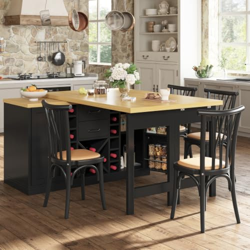 YEHTOKHOME Îlot Central Cuisine Rangement et Plan de Travail, Petit Bar | Table à Manger Extensible 120-223cm 360° Pivotant, Étagère à Vin,2 Tiroirs Étagère Snack Support Poubelle Table de Bar Noir