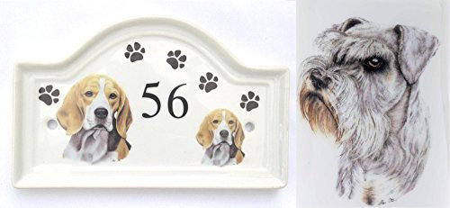 Kirsty Jayne China (BB60) House Door Number Plaque - Ceramic Schnauzer Dog Breed - Any Number - Hand Decorated in U.K. - Free UK Delivery - Porcelain Outdoor Plaques - PAWPRINTS