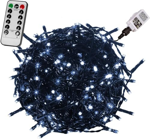 VOLTRONIC LED Lichterkette, IP44, Modell- und Farbwahl, 600 LEDs, Grünes Kabel, kaltweiß, Fernbedienung