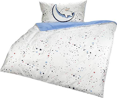 Lorena Lorenchen Mako-Satin Kinderbettwäsche Luna mit Hasen-Motiv 100% Baumwolle (Hellblau, 100x135 + 40x60 cm)
