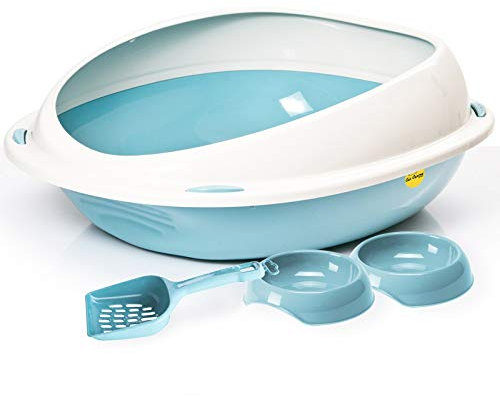 CAT CENTRE Large Litter Tray Box Rim Loo 2 x Blue 0.2L Bowls & Large Blue Litter Scoop Cat Kitten Bundle