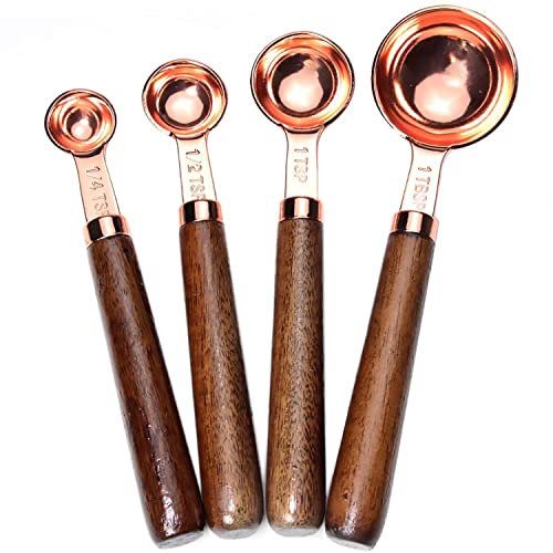 Goeielewe Juego de 4 cucharas medidoras de acero inoxidable chapadas en cobre con mango de madera de nogal para ingredientes secos y líquidos (1/4, 1/3, 1/2, 1 taza)