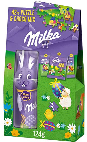 Milka Puzzle & Choco Mix Ostern 1 x 124g I Osterschokolade Einzelpackung I inkl. Puzzle mit 42 Teilen I Ostergeschenk Schokolade I Süßigkeiten zu Ostern aus 100% Alpenmilch Schokolade