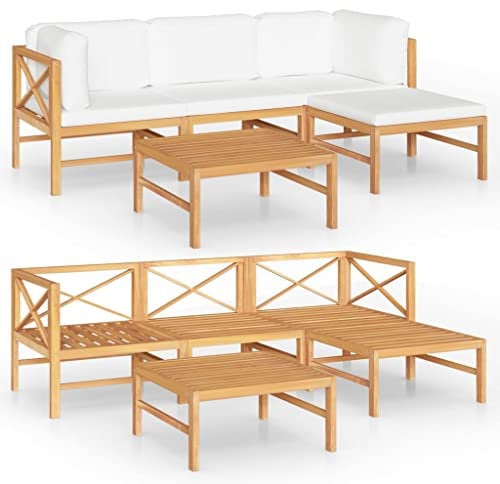 vidaXL Teak Massiv Gartenmöbel 5-TLG. mit Creme Kissen Mittelsofa Ecksofa Fußhocker Tisch Gartensofa Sofa Lounge Garten Garnitur Sitzgruppe Gartenset