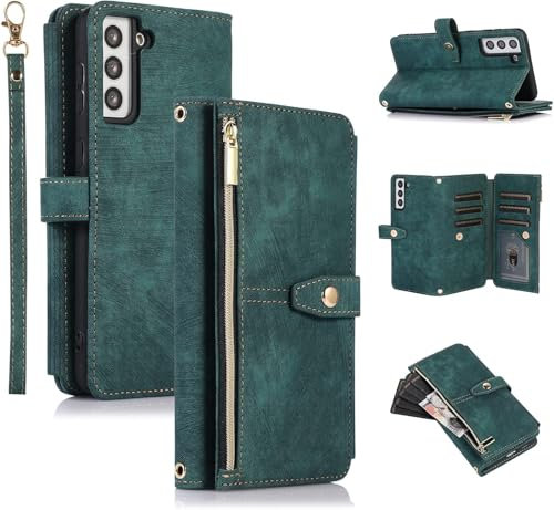 UEEBAI Case for Samsung Galaxy S21 5G, 9 Card Slots Retro Leather Wallet Shockproof Flip Cover with Hand Strap Card Slots Zipper Pocket Kickstand Handbag Magnetic Closure - Vintage Green