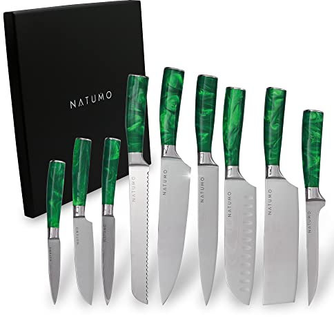 NATUMO Küchenmesser Set 9-teilig. HRC 56+ scharfes Messerset Profi in Damast-Optik aus Allzweckmesser, Fleischmesser, Gemüsemesser, Santoku Messer, Chefmesser (Grün)