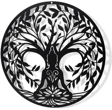 nbeads Baum des Lebens Und Yoga Metall Wanddeko, Schwarzer Wandbehang Moderne Wanddekoration Silhouette Wandkunst Metallbilder Für Zuhause Schlafzimmer Flur Wohnzimmer Büro Hotel Dekor, 30x30 cm