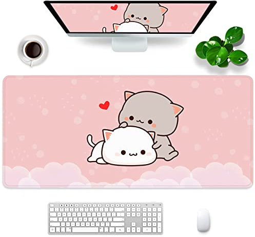 Amrgik Pink Cat XL Kawaii Gaming-Mauspad, 80 x 30 cm, rechteckiges Gummi-Mauspad für den Schreibtisch, groß, personalisiertes Design für Laptop, Computer und PC