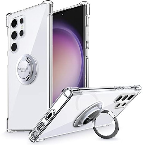 Silverback für Samsung Galaxy S23 Ultra Hülle, Handyhülle mit 360° Ring Halter Schutzhülle TPU Cover Stoßfester Stoßfänger Weiche Dünn Case - Transparent