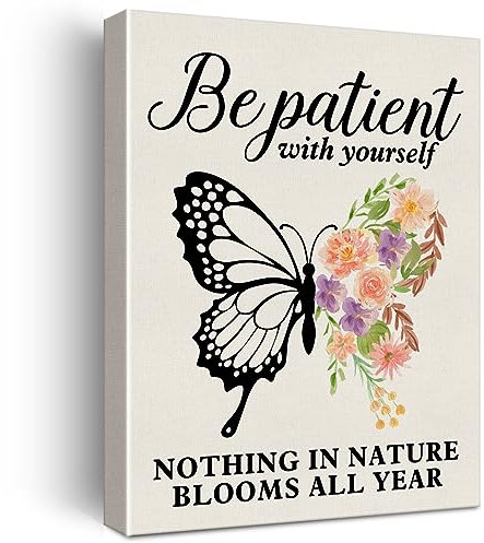 Therapiebüro Mental Health Wandkunst Leinwand Gemälde Be Patient with Yourself Druck gerahmt Therapeut Blumen Schmetterling Leinwand Poster Schild für Psychologen Büro Dekor (30,5 x 38,1 cm)