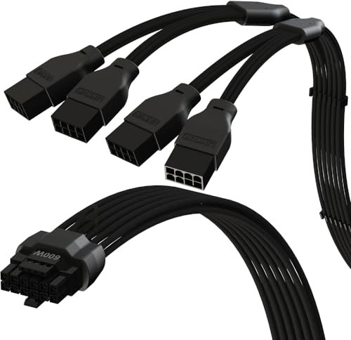 LINKUP - AVA 600W PCIE 5.0 16Pin (12+4) High Current Power Cable | 16AWG, Molded, Soldered & Sleeved Type | For 4x8Pin PCIE 4.0 PSU | Compatible with RTX50 RTX40 RTX30 FE GPUs | 45cm Black