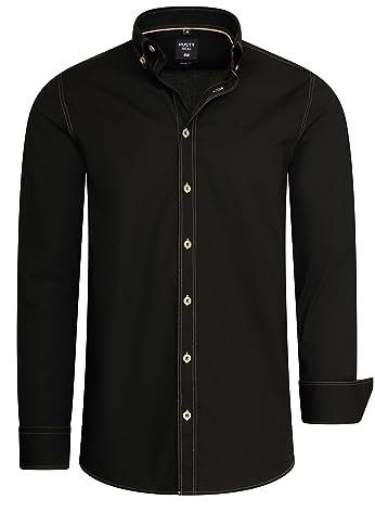 Rusty Neal Herren-Hemd Premium Slim Fit Langarm Stretch-Hemd mit Kontrast-Naht Freizeithemd 024, Farbe:Schwarz/Camel, Größe S-3XL:XL