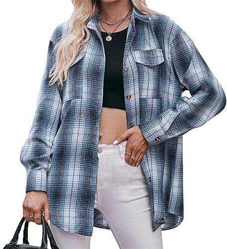 seiveini Chemisier Carreaux Femme Chemise à Manches Longues Boutonné Classique Boyfriend Chemise à Carreaux Automne Printemps Blouse Gilet Shirt Vintage Tuniques Tops Décontractée A Bleu M