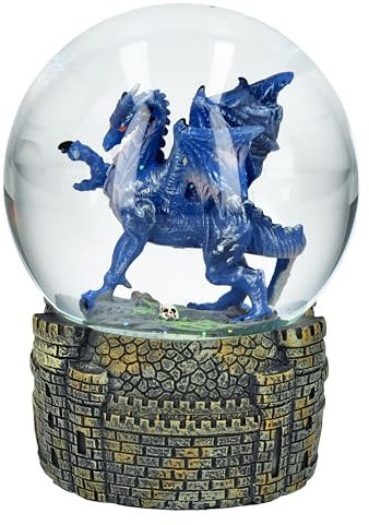 Mystische Drachen Schneekugel, Midnight Dragon, 13,5 cm - Mittelalterliche Burg, Blauer Drache, Kunststein/Glas