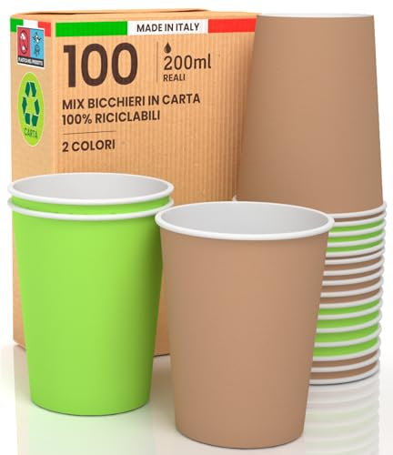 100 Bicchieri in Carta 200ml Mix Earth Ecologici Biodegradabili Monouso Made in Italy Asporto Bevande Calde Acqua - MIX di Colori Avana Verde - Prodotto e Confezionato in Italia
