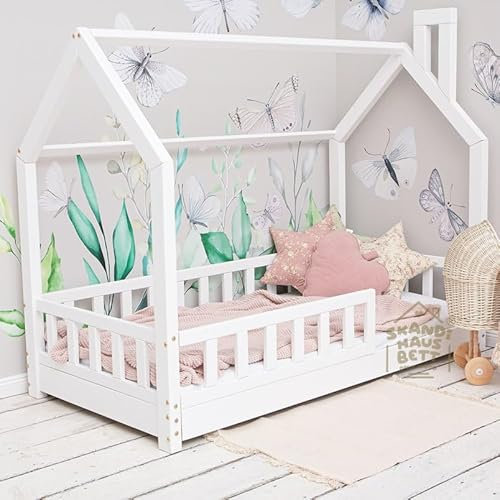 Hausbett 80x140 Mit Rausfallschutz Weiß - Bell Nuo - Kinderbett mit Lattenrost - Stabiles Rausfallschutz Bett für Kinderzimmer - Gemütlich Kinderbett Mädchen