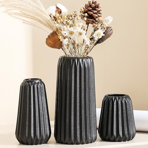 Sawoake Keramik Vasen Set von 3 - Schwarz Matte Vasen für Pampasgras, Trockenblumen & Home Decor, Modernes Boho und Skandinavisches Design mit Natürlicher Textur(Wohnzimmer, Esszimmer, Hochzeitstisch)