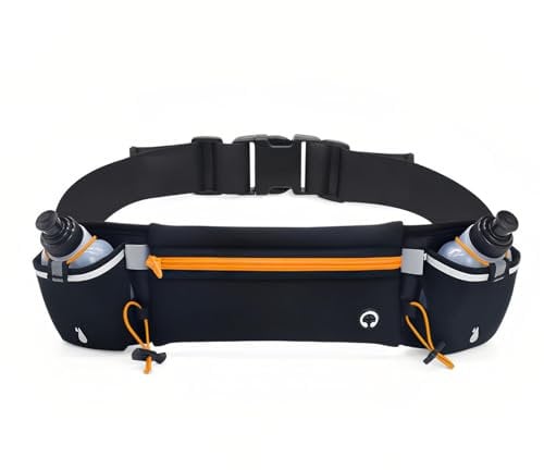 Running Belt with Water Bottles(2x180ML) Fathers Day Dad Gifts Adjustable Hydration Waist Pack Bag,Waterproof Sports Pouch with Water Bottle Belt for Marathon Running,Hiking,Cycling(Black+Orange)