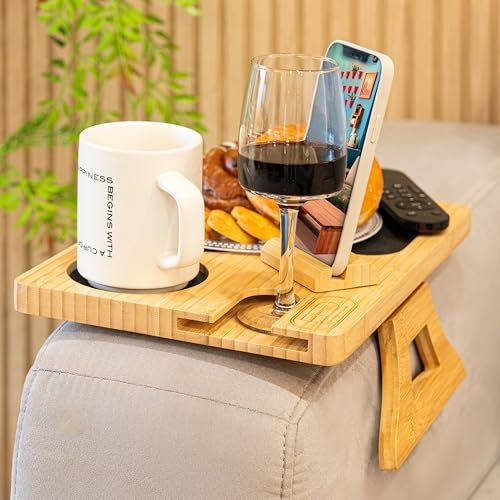 Bamboo Couch Cup Holder - Couch Arm Table with 360° Rotating Phone Holder, Wine Glass Holder - Fit Any Size Sofa