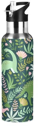 Bouteille d'eau avec paille étanche - Bouteille d'eau chaude avec feuilles tropicales - Dinosaure - Bouteille isotherme pour filles et garçons - 600 ml