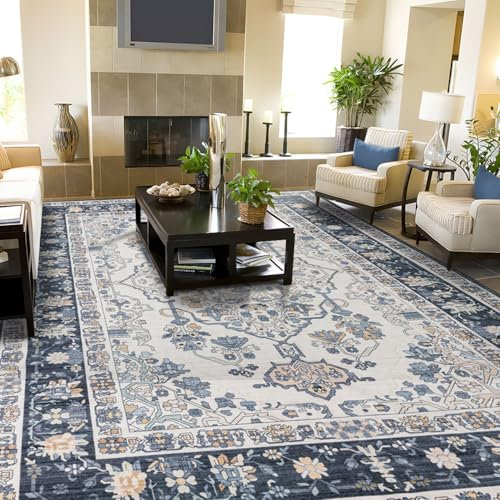 TALETA Teppich Wohnzimmer waschbar, Teppich orientlisch, Kurzflor Vintage Teppich, weicher Carpet Teppich für Wohnzimmer, Esszimmer, Schlafzimmer - Navy blau, 160 x 230cm