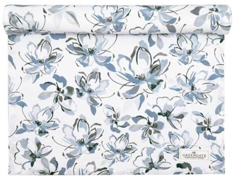 Greengate Tischläufer EVIA Weiß mit Blumen in Olivgrün und Blau Baumwolle 45x140