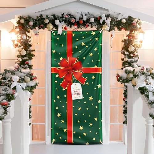 GEBETTER 200 x 90 cm Weihnachten Tür Abdeckung Dekoration Haustür Decke Wand Hängen Banner Fotografie Hintergrund für Weihnachtsfeier Feiertag Winter Neujahr Toilettentür Deko (Grüne Geschenkbox)