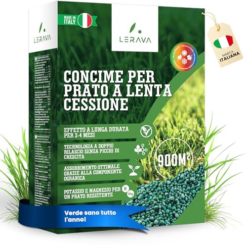 LERAVA® Concime per Prato a Lenta Cessione 18kg Fertilizzante Prato con Azoto a Rilascio Controllato fino a 4 Mesi | Concime Primavera con Potassio, Magnesio e Microelementi | Per Prati e Aree Verdi