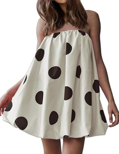 Faretumiya Damen Minikleid mit Tupfen, trägerlos, fließend, kurz, schulterfrei, Y2K, Ballonkleid, Party, Strand (, Weiss/opulenter Garten, Mittel