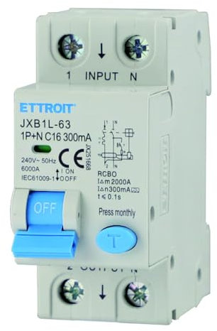 Interruttore magnetotermico differenziale 1P+N, 2 moduli, 220Vac, 16A, 300mA, 6KA, classe A - Ettroit JX251668