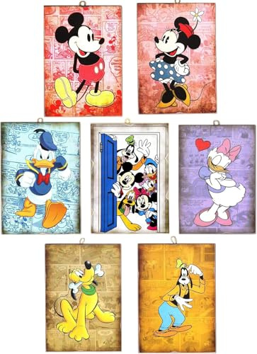 Disney Set mit 7 Gemälden Mickey Minnie Mouse Doland Daisy Duck Goofy Pluto Vintage-Stil Serie Comics Cartoon zum Sammeln Druck auf Holz 25 x 18 cm