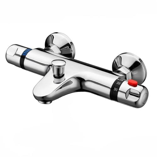 iFCOW Thermostatic Bath Shower Mixer Valve, Anti- Scald Shower Mix Tap Solid Brass Bath Shower Faucet Wall Mounted Bathroom Accessories