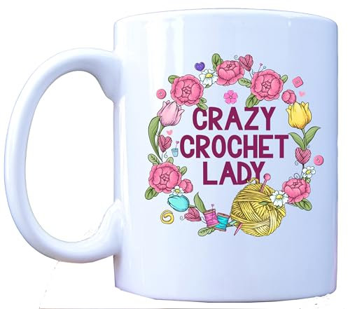 MILLHOUSE PRINTS Crazy Crochet Lady Mug - Knitting & Crochet Gifts - Yarn Lover Present - Crafters Coffee Cup - 11oz Ceramic