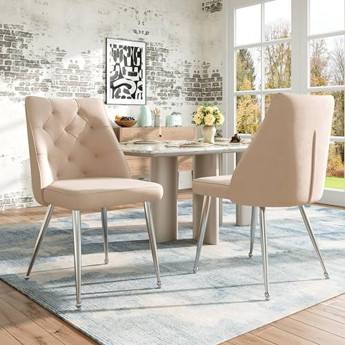 boorbin Hochwertige Samt Stoff Esszimmerstühle, Galvanisiertes Silber Eisen Beine, Make-up Stuhl, Einzigartiges Design Leichte Luxus Stühle, Verstellbare Beine (2, Beige)