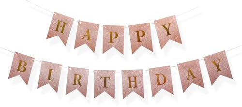 Rose Gold Glitter Happy Birthday Banner Macarons Happy Swallowtail Flag for Women Girls Children & Babies Birthday Party Venue Setting