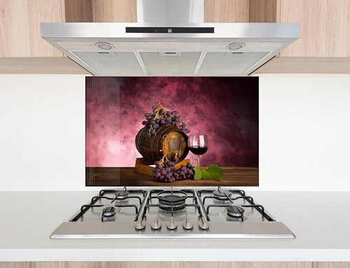 Myphotostation 110x70cm Wine Barrel and Grapes Glass Splashback for stove Tempered Glass Backsplash, Glass Backguards For Kitchen, Stove Wall Protector, Cooker Wall Panel, Stove Back Cover