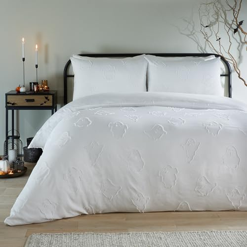 furn. Duvet Day Ghostly Ghouls Duvet Cover Set – Ultra Soft Touch Tufted Halloween Bedding (White - Single)