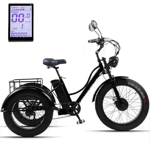 SUNBGRPYE 24″ Adult Tricycle, All-Terrain Wide Tire Tricycle, 48v 15ah Battery (65km Endurance), 7-Speed Adjustable | Lcd Display | Front Rear Double Disc Brakes, Electric + Pedal + Power,Black