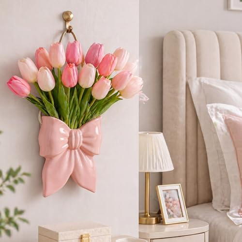 Ninehaoou Boho Hanging Wall Planter for Indoor Ceramic Wall Vase, Pink | Wall Vase for Flower, Nursery Coquette Bow Decor, Cute Women Gift, Hanging Planter Flower Pot, Bedroom Living Room