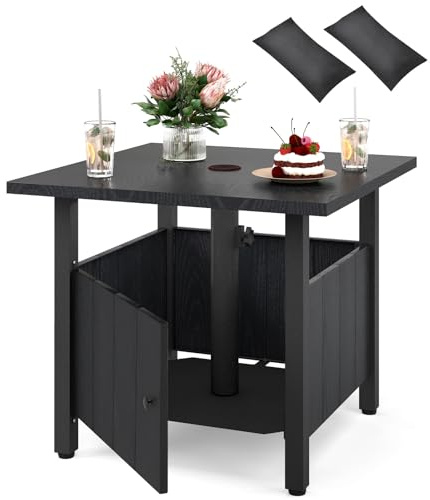 GIANTEX Beistelltisch Outdoor, Gartentisch Metall mit Sonnenschirmloch, 2 Sandsäcken & verstellbaren Fußpolstern, quadratischer Balkontisch mit Stauraum für Terrasse, Balkon, Garten, schwarz