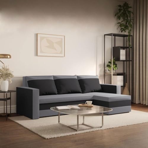 FORNIRO 24 Loft Ecksofa 225x130x75cm Graphit Wohnzimmer Couch Schlafsofa | Mit Schlaffunktion & Bettkasten - L-Form - Kissen - Stoff Komfort | ausziehbar Gäste bequem Stauraum Design hochwertig robust