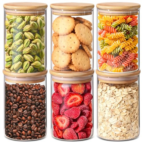 ComSaf Tarros de cristal con tapa 950 ml, pack de 6 para cocina y despensa | Frascos de vidrio, Botes cocina almacenaje, Tapas de bambú, Frutos secos a granel, Pinzas de cocina, Frutas secas