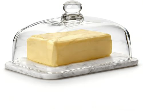 Butter Dish with Glass Lid Marble Base | Butter Keeper to Leave On Counter, Butter Crock, Home and Kitchen Decor for Countertop