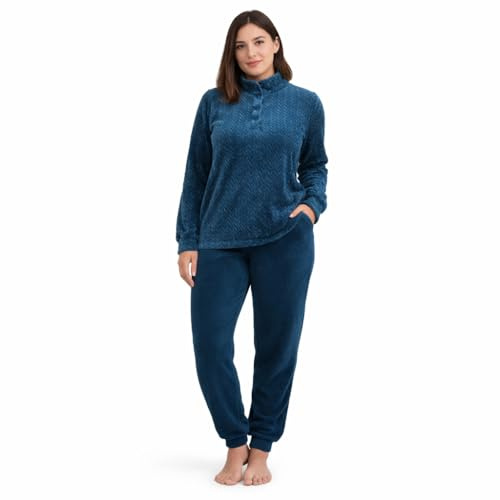 Vionara Home Pigiama Donna Invernale in Caldo e Morbido Coral Fleece, Set Pigiama in Pile, Collo Alto con 3 Bottoni, Ideale per Le Notti Fredde