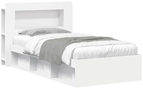 vidaXL Bettgestell mit Stauraum Weiß 90 x 200 cm Holzwerkstoff, Moderne Schlafzimmermöbel, rechteckiger Holz-Bettrahmen, praktische Aufbewahrung, minimalistischer Stil