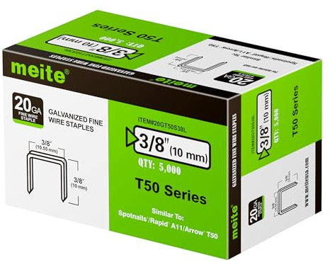 meite T50 Staples, Type 140/10 mm Heavy Duty Staples for Staple Gun, 5,000 Counts, Galvanized, 10.5 mm Crown, Compatible with T50/140 Staple Gun, Ideal for Upholstery, Furniture