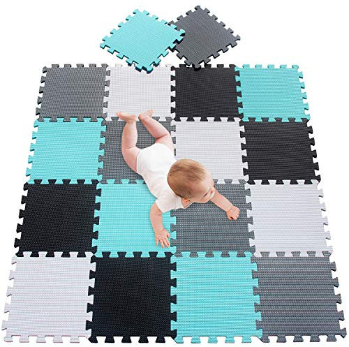 meiqicool Puzzlematte Spielmatte Spielteppich Schaumstoff Puzzle Kinderteppich Boden Puzzle kriechen Play Spiel Matte für Baby Kinder,Kleinkind sicher zu verwenden Türkis-Schwarz-weiß-grau 18 PCS