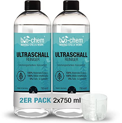 bio-chem Bio Ultraschallreiniger Konzentrat 2x 750 ml inkl. Dosierbecher, geruchsfrei, alkoholfrei, Reinigungszusatz für Ultraschallgeräte/Ultrasonic-Cleaner für Brillen, Schmuck u.v.m.